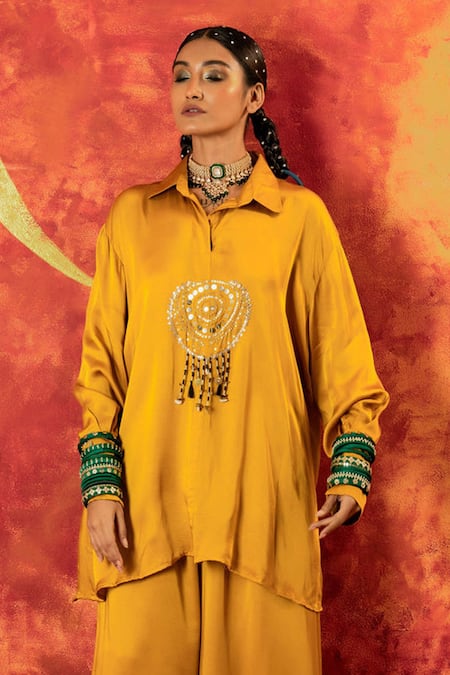 Buy Prahnaaya Yellow Satin, Silk Gota Patti, Luna Embroidered Tunic With Oversized Pant Online at Aza Fashions Buy_Prahnaaya_Yellow Satin, Silk Gota Patti, Luna Embroidered Tunic With Oversized Pant _Online_at_Aza_Fashions