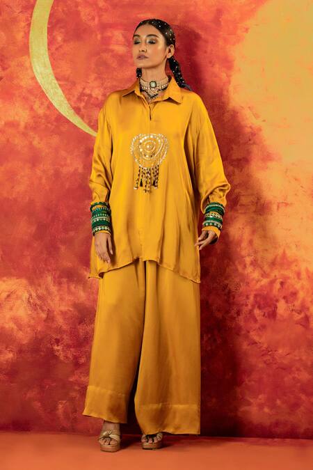 Shop Prahnaaya Yellow Satin, Silk Gota Patti, Luna Embroidered Tunic With Oversized Pant Online at Aza Fashions Shop_Prahnaaya_Yellow Satin, Silk Gota Patti, Luna Embroidered Tunic With Oversized Pant _Online_at_Aza_Fashions