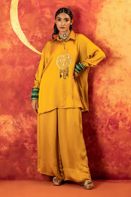 Prahnaaya Yellow Satin, Silk Gota Patti, Luna Embroidered Tunic With Oversized Pant at Aza Fashions Prahnaaya_Yellow Satin, Silk Gota Patti, Luna Embroidered Tunic With Oversized Pant _at_Aza_Fashions