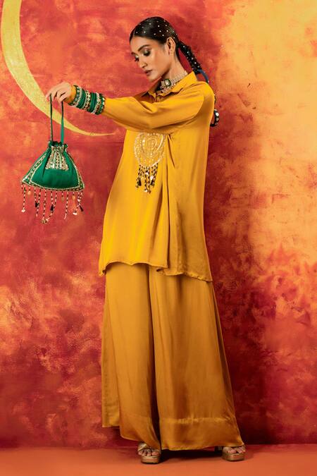Buy Prahnaaya Yellow Satin, Silk Gota Patti, Luna Embroidered Tunic With Oversized Pant Buy_Prahnaaya_Yellow Satin, Silk Gota Patti, Luna Embroidered Tunic With Oversized Pant