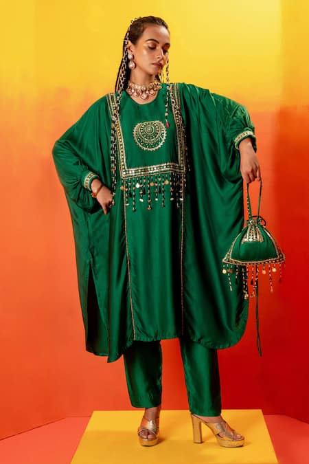 PRAHNAAYA Green Vegan Satin Embroidery Sequin Batwing Sleeve Kurta With Straight Pant 