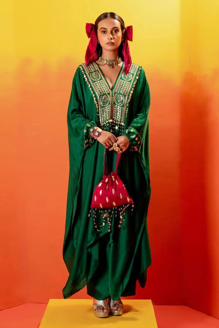 PRAHNAAYA Green Vegan Satin Embroidery Luna V-neck Sequin Kaftan With Wrap Skirt 