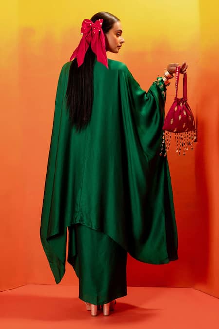 Shop Prahnaaya Green Velvet, Viscose Pearls, Sequins Luna Embroidered Kaftan With Wrap Skirt at Aza Fashions Shop_Prahnaaya_Green Velvet, Viscose Pearls, Sequins Luna Embroidered Kaftan With Wrap Skirt _at_Aza_Fashions