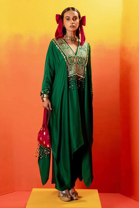 Prahnaaya Green Velvet, Viscose Pearls, Sequins Luna Embroidered Kaftan With Wrap Skirt Online at Aza Fashions Prahnaaya_Green Velvet, Viscose Pearls, Sequins Luna Embroidered Kaftan With Wrap Skirt _Online_at_Aza_Fashions