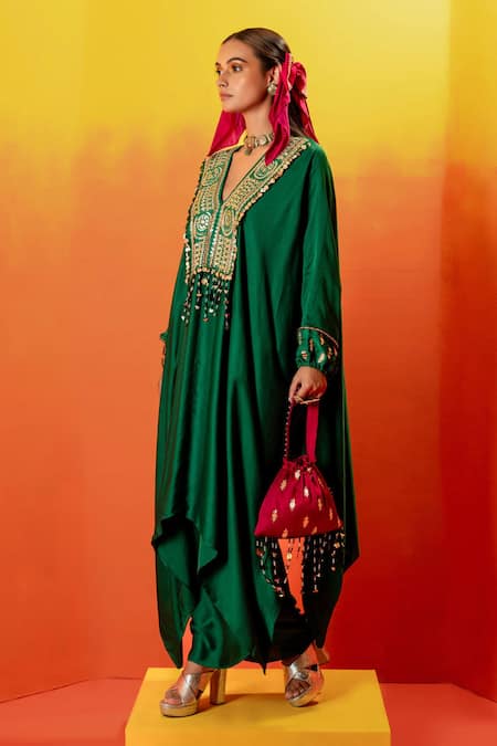 Buy Prahnaaya Green Velvet, Viscose Pearls, Sequins Luna Embroidered Kaftan With Wrap Skirt Online at Aza Fashions Buy_Prahnaaya_Green Velvet, Viscose Pearls, Sequins Luna Embroidered Kaftan With Wrap Skirt _Online_at_Aza_Fashions