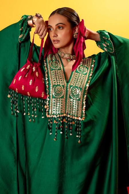 Shop Prahnaaya Green Velvet, Viscose Pearls, Sequins Luna Embroidered Kaftan With Wrap Skirt Online at Aza Fashions Shop_Prahnaaya_Green Velvet, Viscose Pearls, Sequins Luna Embroidered Kaftan With Wrap Skirt _Online_at_Aza_Fashions