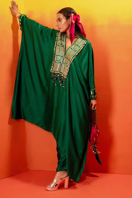 Prahnaaya Green Velvet, Viscose Pearls, Sequins Luna Embroidered Kaftan With Wrap Skirt at Aza Fashions Prahnaaya_Green Velvet, Viscose Pearls, Sequins Luna Embroidered Kaftan With Wrap Skirt _at_Aza_Fashions
