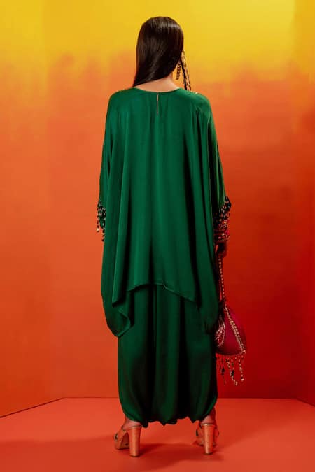 Shop Prahnaaya Green Velvet Gota Patti, Sequins, Luna Embroidered Short Tunic With Dhoti Skirt at Aza Fashions Shop_Prahnaaya_Green Velvet Gota Patti, Sequins, Luna Embroidered Short Tunic With Dhoti Skirt _at_Aza_Fashions