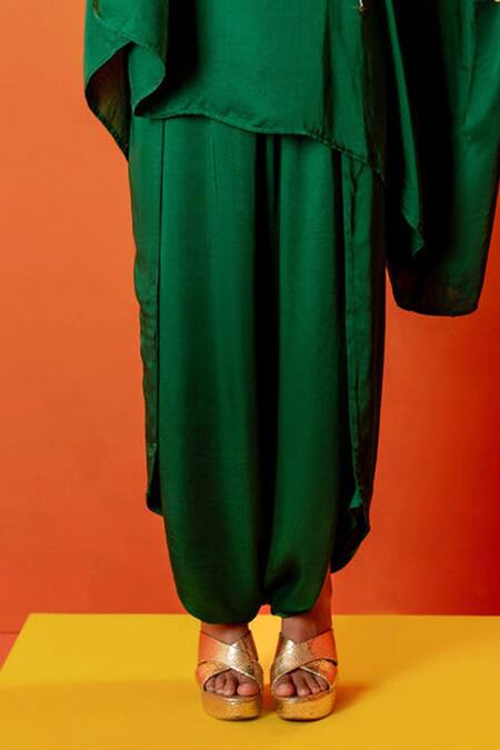 Prahnaaya Green Velvet Gota Patti, Sequins, Luna Embroidered Short Tunic With Dhoti Skirt Online at Aza Fashions Prahnaaya_Green Velvet Gota Patti, Sequins, Luna Embroidered Short Tunic With Dhoti Skirt _Online_at_Aza_Fashions