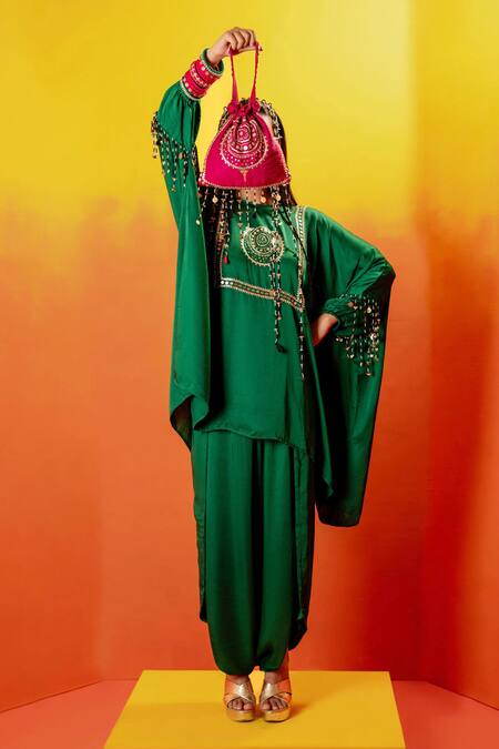 Buy Prahnaaya Green Velvet Gota Patti, Sequins, Luna Embroidered Short Tunic With Dhoti Skirt Online at Aza Fashions Buy_Prahnaaya_Green Velvet Gota Patti, Sequins, Luna Embroidered Short Tunic With Dhoti Skirt _Online_at_Aza_Fashions