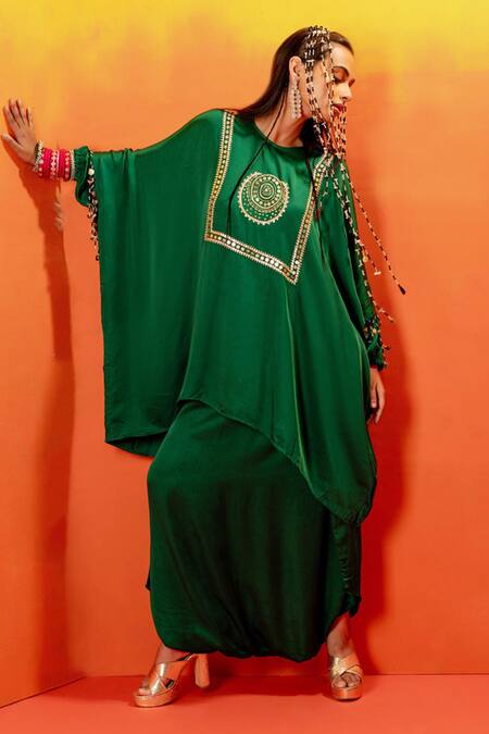 Shop Prahnaaya Green Velvet Gota Patti, Sequins, Luna Embroidered Short Tunic With Dhoti Skirt Online at Aza Fashions Shop_Prahnaaya_Green Velvet Gota Patti, Sequins, Luna Embroidered Short Tunic With Dhoti Skirt _Online_at_Aza_Fashions