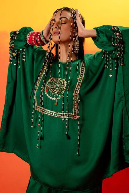 Prahnaaya Green Velvet Gota Patti, Sequins, Luna Embroidered Short Tunic With Dhoti Skirt at Aza Fashions Prahnaaya_Green Velvet Gota Patti, Sequins, Luna Embroidered Short Tunic With Dhoti Skirt _at_Aza_Fashions