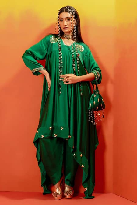 PRAHNAAYA Green Vegan Satin Embroidery Luna Plunge V-neck Asymmetric Kurta With Dhoti Pant 