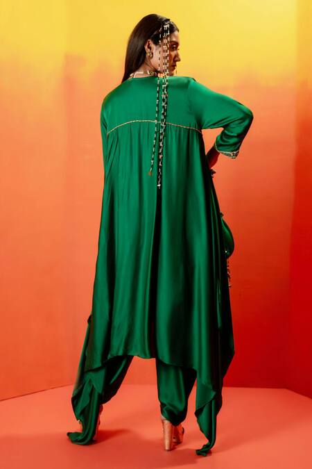 Shop Prahnaaya Green Satin, Viscose Pearls, Luna Embroidered Asymmetric Kurta With Dhoti Pant at Aza Fashions Shop_Prahnaaya_Green Satin, Viscose Pearls, Luna Embroidered Asymmetric Kurta With Dhoti Pant _at_Aza_Fashions