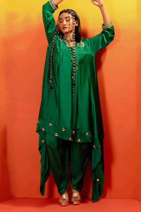 Prahnaaya Green Satin, Viscose Pearls, Luna Embroidered Asymmetric Kurta With Dhoti Pant Online at Aza Fashions Prahnaaya_Green Satin, Viscose Pearls, Luna Embroidered Asymmetric Kurta With Dhoti Pant _Online_at_Aza_Fashions