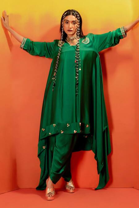 Buy Prahnaaya Green Satin, Viscose Pearls, Luna Embroidered Asymmetric Kurta With Dhoti Pant Online at Aza Fashions Buy_Prahnaaya_Green Satin, Viscose Pearls, Luna Embroidered Asymmetric Kurta With Dhoti Pant _Online_at_Aza_Fashions
