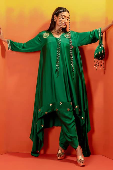 Shop Prahnaaya Green Satin, Viscose Pearls, Luna Embroidered Asymmetric Kurta With Dhoti Pant Online at Aza Fashions Shop_Prahnaaya_Green Satin, Viscose Pearls, Luna Embroidered Asymmetric Kurta With Dhoti Pant _Online_at_Aza_Fashions