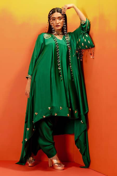 Prahnaaya Green Satin, Viscose Pearls, Luna Embroidered Asymmetric Kurta With Dhoti Pant at Aza Fashions Prahnaaya_Green Satin, Viscose Pearls, Luna Embroidered Asymmetric Kurta With Dhoti Pant _at_Aza_Fashions
