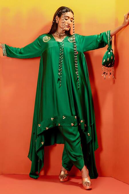 Prahnaaya Green Silk Organza, Viscose Luna Embroidered Asymmetric Kurta And Dhoti Pant Set Online at Aza Fashions Prahnaaya_Green Silk Organza, Viscose Luna Embroidered Asymmetric Kurta And Dhoti Pant Set _Online_at_Aza_Fashions