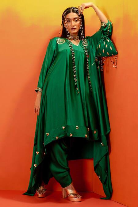 Buy Prahnaaya Green Silk Organza, Viscose Luna Embroidered Asymmetric Kurta And Dhoti Pant Set Online at Aza Fashions Buy_Prahnaaya_Green Silk Organza, Viscose Luna Embroidered Asymmetric Kurta And Dhoti Pant Set _Online_at_Aza_Fashions