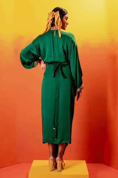 Shop_Prahnaaya_Green Satin Beads, Sequins Round Neck Luna Embroidered Tie Up Dress _at_Aza_Fashions