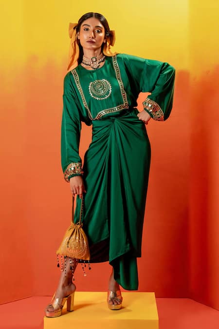Prahnaaya_Green Satin Beads, Sequins Round Neck Luna Embroidered Tie Up Dress _Online_at_Aza_Fashions