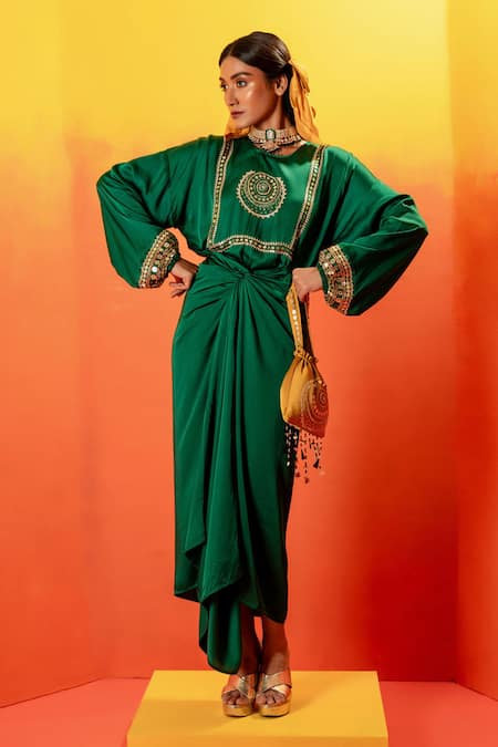 Buy_Prahnaaya_Green Satin Beads, Sequins Round Neck Luna Embroidered Tie Up Dress _Online_at_Aza_Fashions
