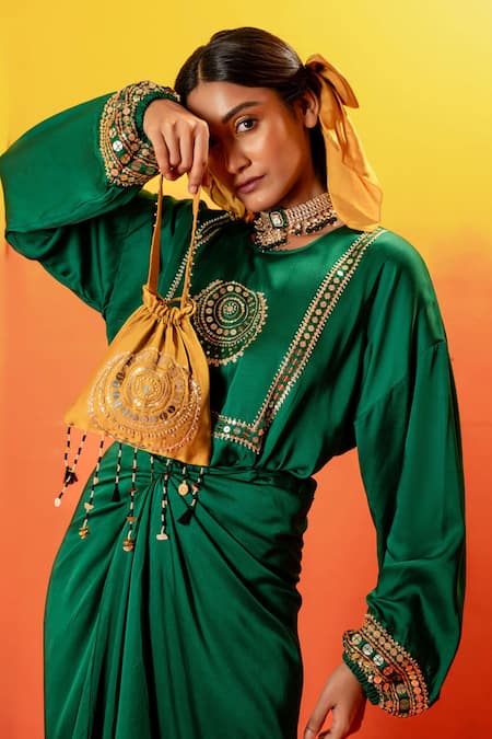 Shop_Prahnaaya_Green Satin Beads, Sequins Round Neck Luna Embroidered Tie Up Dress _Online_at_Aza_Fashions