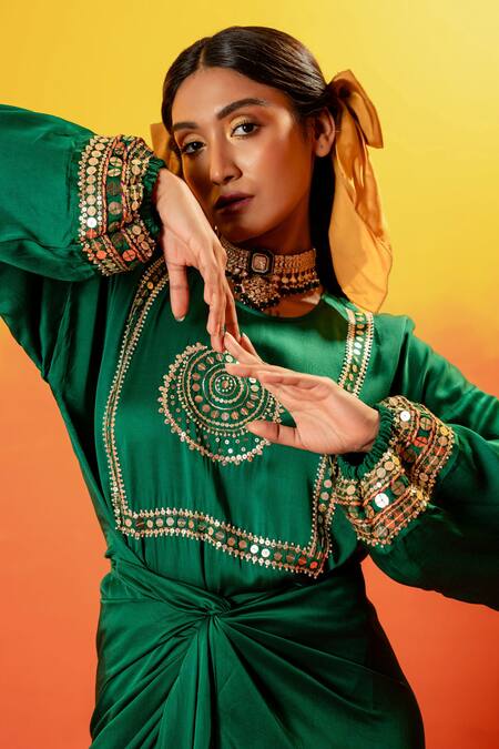 Prahnaaya_Green Satin Beads, Sequins Round Neck Luna Embroidered Tie Up Dress _at_Aza_Fashions