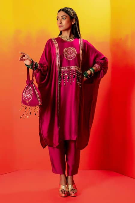 PRAHNAAYA Pink Kurta And Pant Vegan Satin Embroidery Luna Round Straight With 