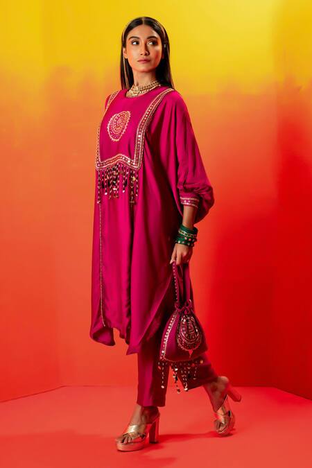 Buy Prahnaaya Pink Velour, Silk Organza, Velvet Luna Embroidered Straight Kurta And Pant Set Online at Aza Fashions Buy_Prahnaaya_Pink Velour, Silk Organza, Velvet Luna Embroidered Straight Kurta And Pant Set _Online_at_Aza_Fashions