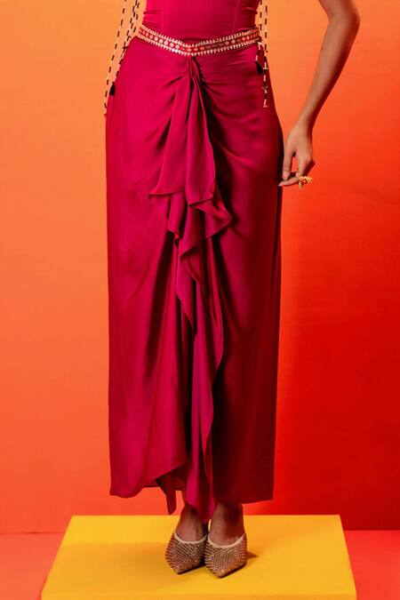 Prahnaaya Pink Velour, Velvet Pearls, Tassels, Gota Embroidered Draped Skirt With Corset Online at Aza Fashions Prahnaaya_Pink Velour, Velvet Pearls, Tassels, Gota Embroidered Draped Skirt With Corset _Online_at_Aza_Fashions