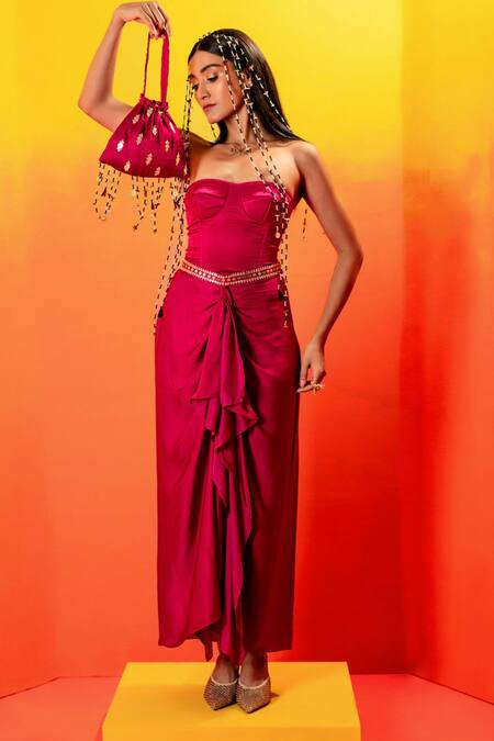 Buy Prahnaaya Pink Velour, Velvet Pearls, Tassels, Gota Embroidered Draped Skirt With Corset Online at Aza Fashions Buy_Prahnaaya_Pink Velour, Velvet Pearls, Tassels, Gota Embroidered Draped Skirt With Corset _Online_at_Aza_Fashions