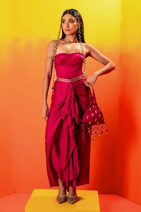 Prahnaaya Pink Velvet, Satin Pearls, Sequins, Gota Embroidered Draped Skirt And Corset Set Online at Aza Fashions Prahnaaya_Pink Velvet, Satin Pearls, Sequins, Gota Embroidered Draped Skirt And Corset Set _Online_at_Aza_Fashions