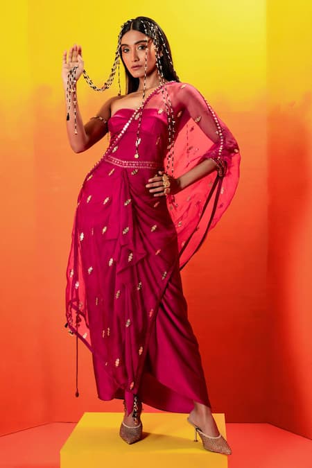 Buy Prahnaaya Pink Velvet, Satin Pearls, Sequins, Gota Embroidered Draped Skirt And Corset Set Online at Aza Fashions Buy_Prahnaaya_Pink Velvet, Satin Pearls, Sequins, Gota Embroidered Draped Skirt And Corset Set _Online_at_Aza_Fashions