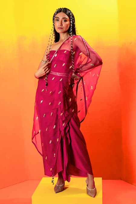 Shop Prahnaaya Pink Velvet, Satin Pearls, Sequins, Gota Embroidered Draped Skirt And Corset Set Online at Aza Fashions Shop_Prahnaaya_Pink Velvet, Satin Pearls, Sequins, Gota Embroidered Draped Skirt And Corset Set _Online_at_Aza_Fashions