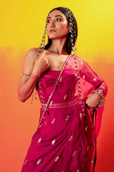 Prahnaaya Pink Velvet, Satin Pearls, Sequins, Gota Embroidered Draped Skirt And Corset Set at Aza Fashions Prahnaaya_Pink Velvet, Satin Pearls, Sequins, Gota Embroidered Draped Skirt And Corset Set _at_Aza_Fashions