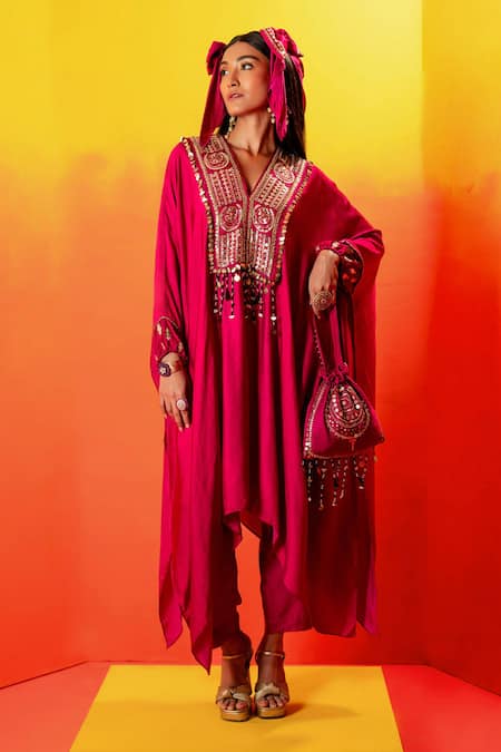 PRAHNAAYA Pink Vegan Satin Embroidery Luna V-neck Pearl Kaftan With Pant 