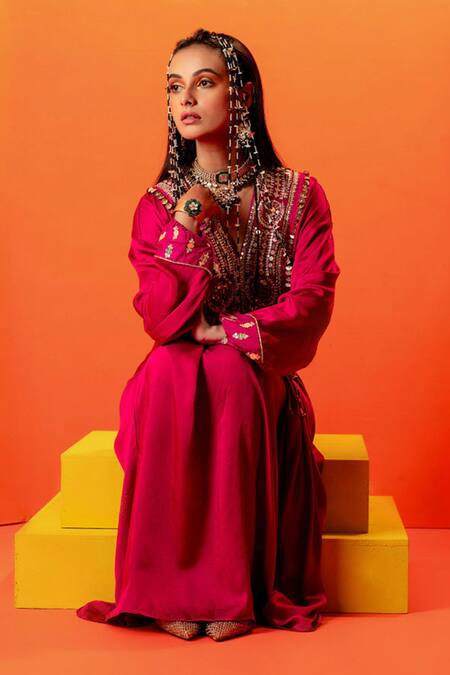 Prahnaaya Pink Velvet Gota Patti, Sequins, Zari Luna Pearl Embroidered Kaftan With Pant Online at Aza Fashions Prahnaaya_Pink Velvet Gota Patti, Sequins, Zari Luna Pearl Embroidered Kaftan With Pant _Online_at_Aza_Fashions