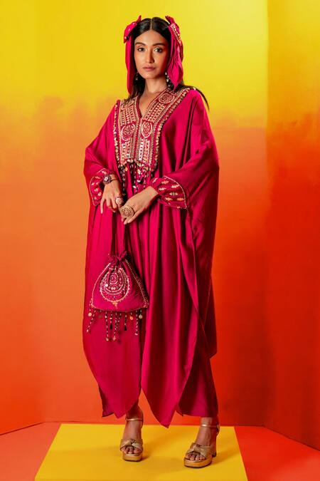 Buy Prahnaaya Pink Velvet Gota Patti, Sequins, Zari Luna Pearl Embroidered Kaftan With Pant Online at Aza Fashions Buy_Prahnaaya_Pink Velvet Gota Patti, Sequins, Zari Luna Pearl Embroidered Kaftan With Pant _Online_at_Aza_Fashions