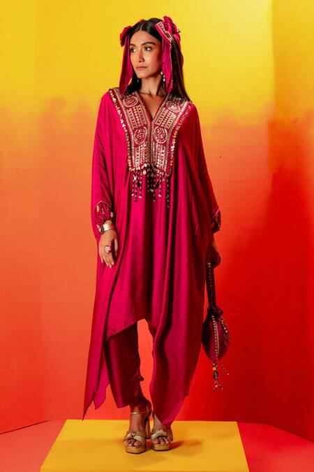 Shop Prahnaaya Pink Velvet Gota Patti, Sequins, Zari Luna Pearl Embroidered Kaftan With Pant Online at Aza Fashions Shop_Prahnaaya_Pink Velvet Gota Patti, Sequins, Zari Luna Pearl Embroidered Kaftan With Pant _Online_at_Aza_Fashions