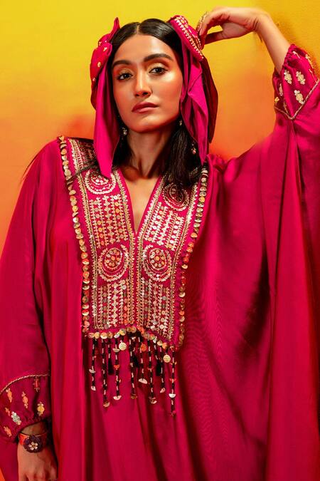 Prahnaaya Pink Velvet Gota Patti, Sequins, Zari Luna Pearl Embroidered Kaftan With Pant at Aza Fashions Prahnaaya_Pink Velvet Gota Patti, Sequins, Zari Luna Pearl Embroidered Kaftan With Pant _at_Aza_Fashions