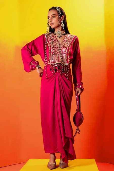 PRAHNAAYA Luna Zari Embroidered Tie Up Dress 