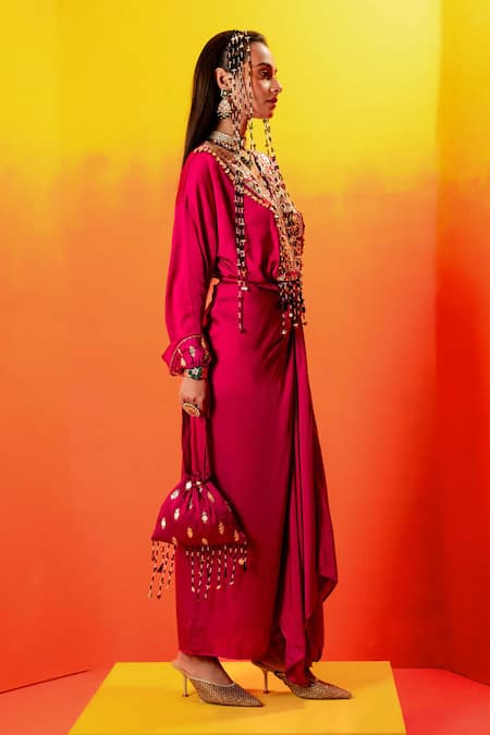 Buy_Prahnaaya_Pink Velvet, Satin Sequins, Beads, Zari V-neck Luna Embroidered Tie Up Dress _Online_at_Aza_Fashions