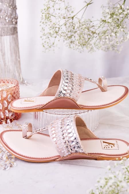 Shop House Of Vian Rose Gold Ayna Zardozi Embroidered Kolhapuri Flats at Aza Fashions Shop_House Of Vian_Rose Gold Ayna Zardozi Embroidered Kolhapuri Flats _at_Aza_Fashions