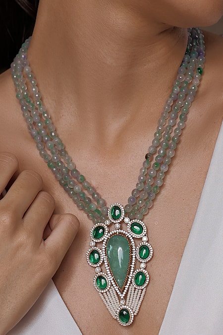 Shop Joules By Radhika Green Pearl Embellished Pendant Necklace at Aza Fashions Shop_Joules By Radhika_Green Pearl Embellished Pendant Necklace _at_Aza_Fashions