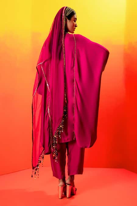 Shop Prahnaaya Pink Velour, Silk Organza, Velvet Luna Embroidered Straight Kurta And Pant Set at Aza Fashions Shop_Prahnaaya_Pink Velour, Silk Organza, Velvet Luna Embroidered Straight Kurta And Pant Set _at_Aza_Fashions