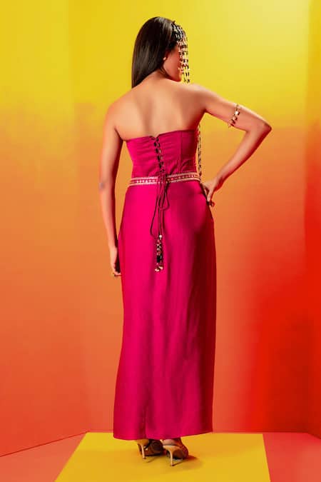 Shop Prahnaaya Pink Velour, Velvet Pearls, Tassels, Gota Embroidered Draped Skirt With Corset at Aza Fashions Shop_Prahnaaya_Pink Velour, Velvet Pearls, Tassels, Gota Embroidered Draped Skirt With Corset _at_Aza_Fashions