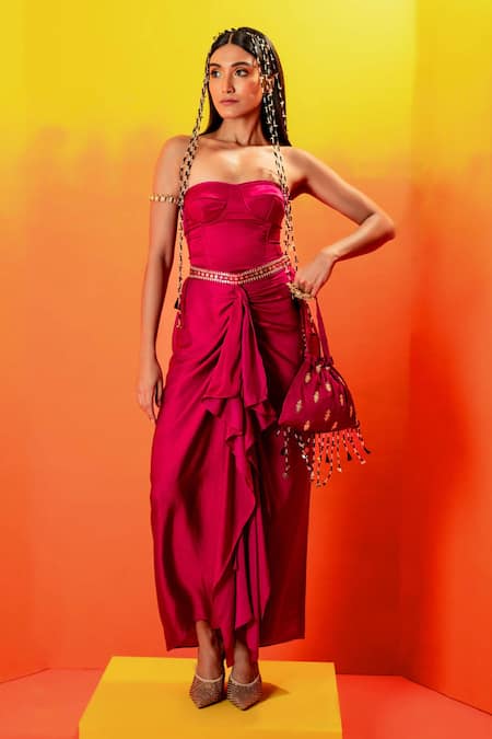 PRAHNAAYA Pink Vegan Satin Embroidery Beads Sweetheart Gota Draped Skirt With Corset 