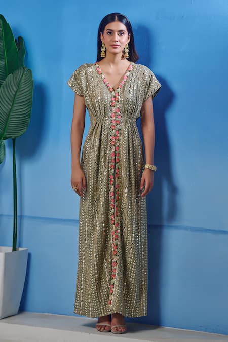 Buy Akanksha Mago Green Georgette Embroidered Zari V Neck Floral Kaftan And Pant Set Online at Aza Fashions Buy_Akanksha Mago_Green Georgette Embroidered Zari V Neck Floral Kaftan And Pant Set _Online_at_Aza_Fashions